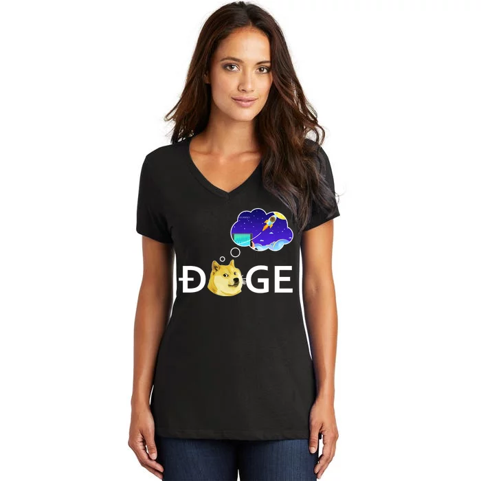 Doge To The Moon Crypto Currency Dogecoin Women's V-Neck T-Shirt