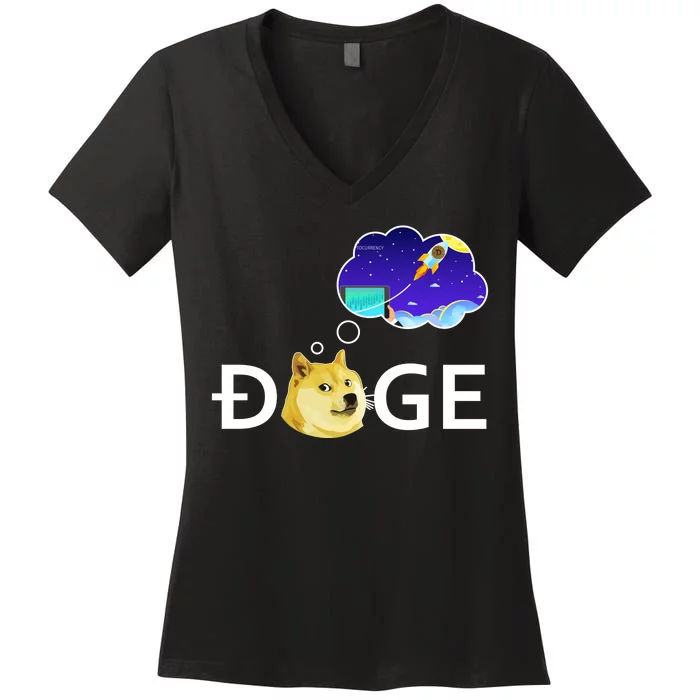 Doge To The Moon Crypto Currency Dogecoin Women's V-Neck T-Shirt