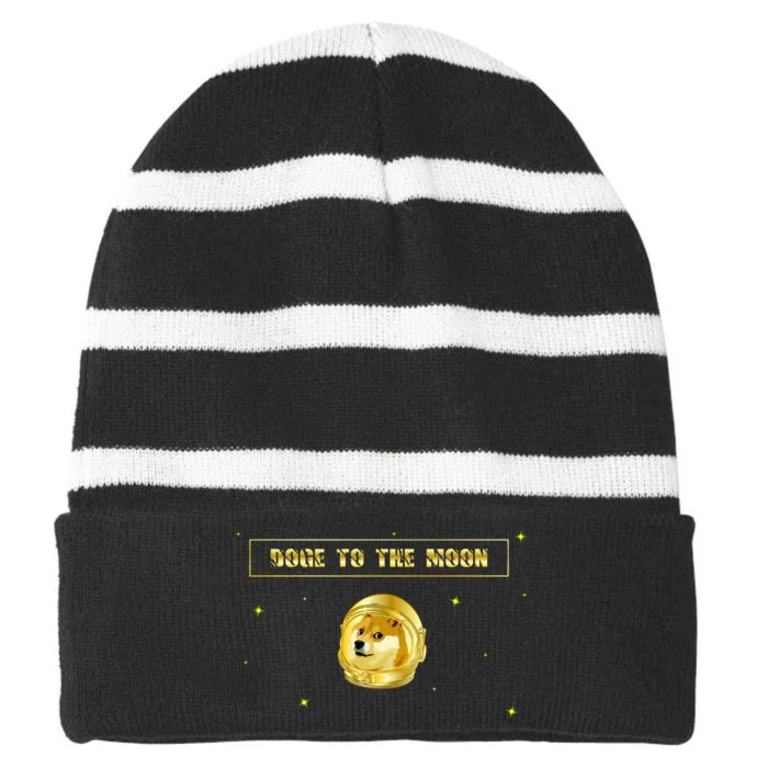 Doge To The Moon Dogecoin Crypto Currency Striped Beanie with Solid Band