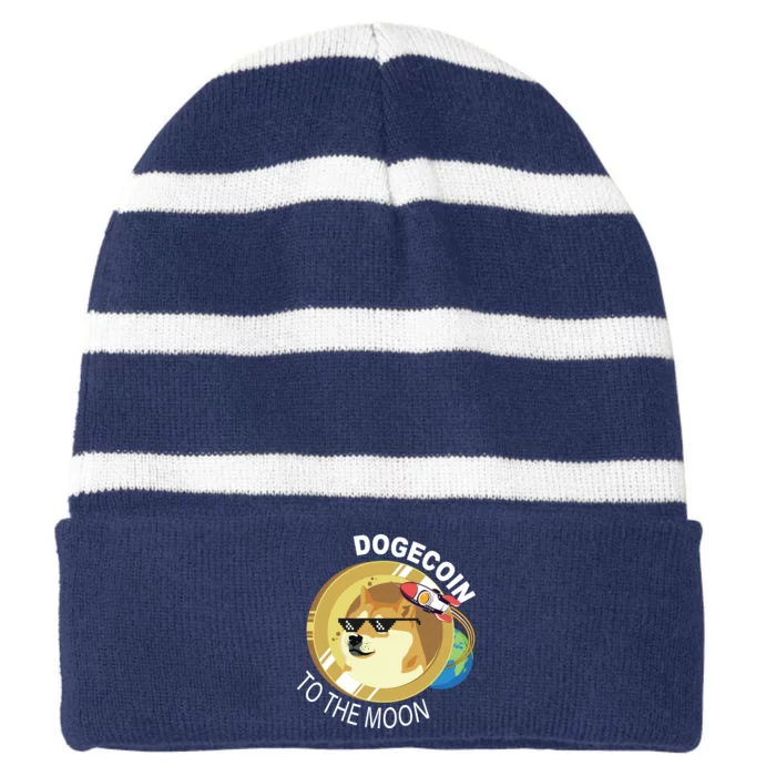 DogeCoin To The Moon Striped Beanie with Solid Band