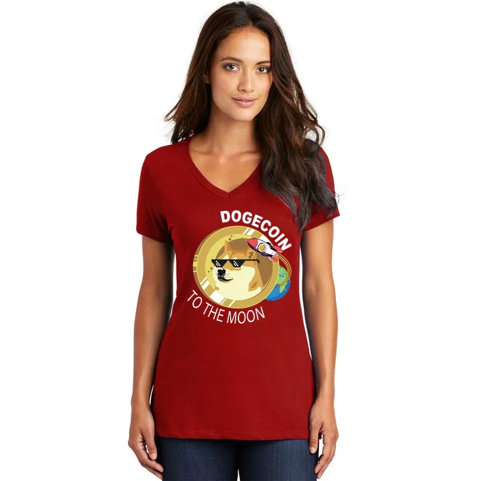 DogeCoin To The Moon Women's V-Neck T-Shirt