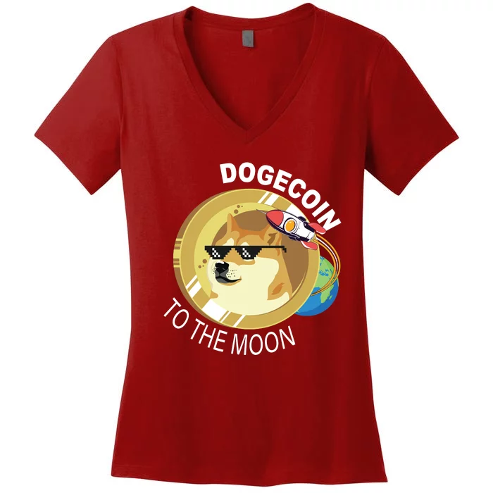 DogeCoin To The Moon Women's V-Neck T-Shirt