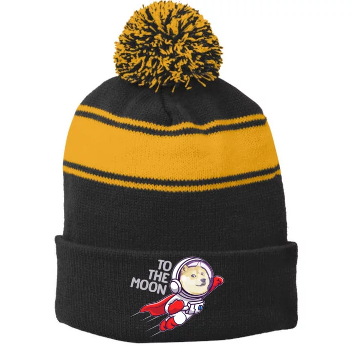 Dogecoin To The Moon Coin Crypto Currency Super Astronaut Stripe Pom Pom Beanie