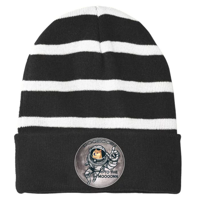 Dogecoin To the Moon Doge Striped Beanie with Solid Band