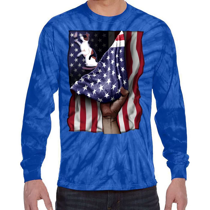 Day Of Independence Us Flag Calico Cat Gift Tie-Dye Long Sleeve Shirt