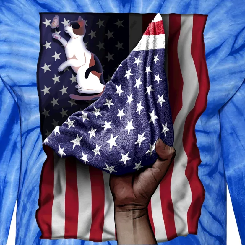 Day Of Independence Us Flag Calico Cat Gift Tie-Dye Long Sleeve Shirt