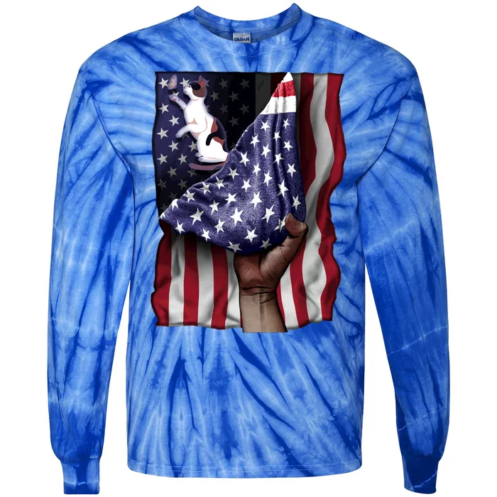 Day Of Independence Us Flag Calico Cat Gift Tie-Dye Long Sleeve Shirt