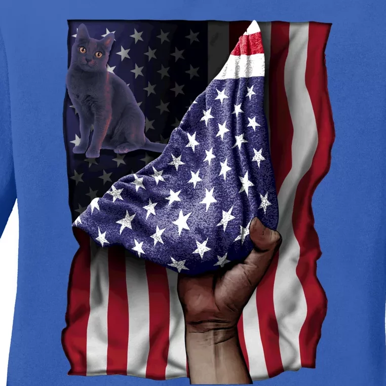 Day Of Independence Us Flag Korat Cat Gift Ladies Long Sleeve Shirt