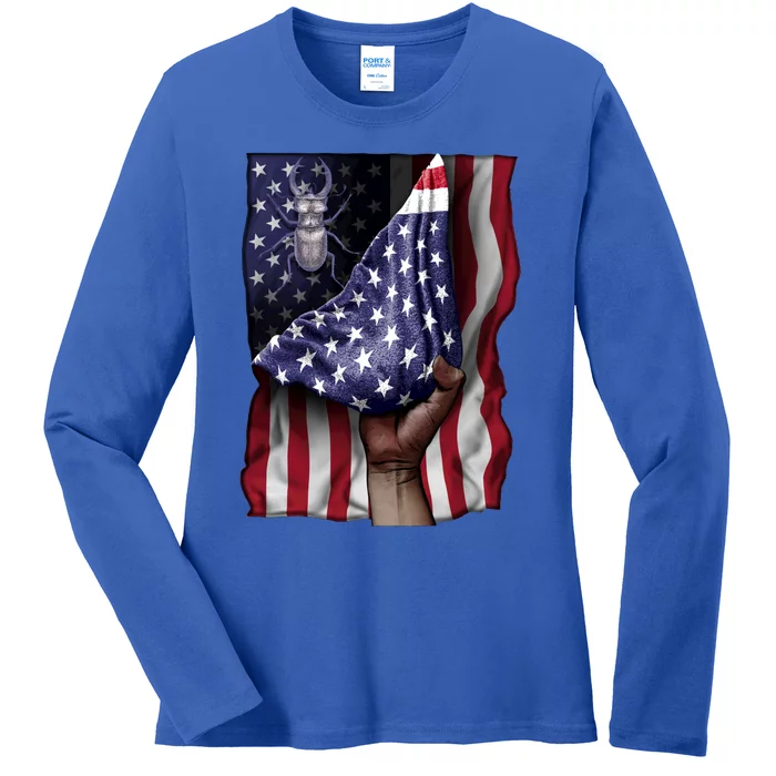 Day Of Independence Us Flag Stag Beetle Gift Ladies Long Sleeve Shirt