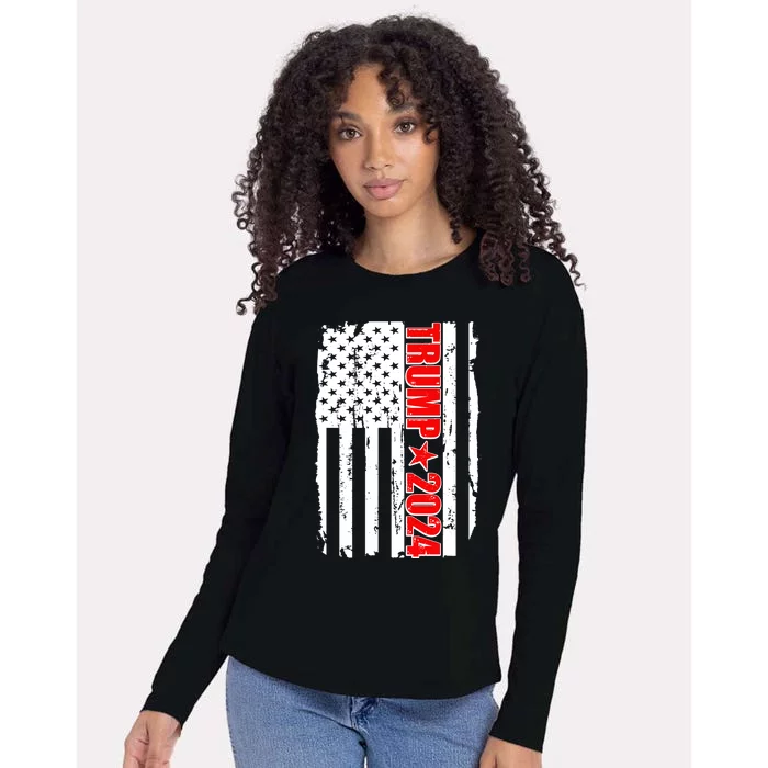 Donald Trump 2024 Distressed US Flag Womens Cotton Relaxed Long Sleeve T-Shirt