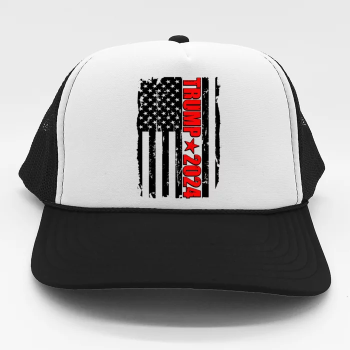 Donald Trump 2024 Distressed US Flag Trucker Hat | TeeShirtPalace