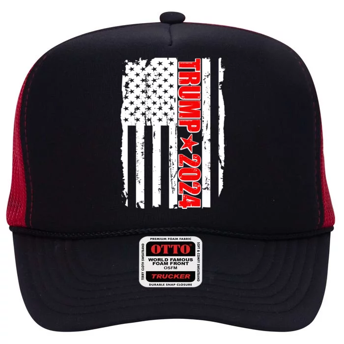 Donald Trump 2024 Distressed US Flag High Crown Mesh Trucker Hat