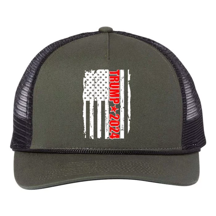 Donald Trump 2024 Distressed US Flag Retro Rope Trucker Hat Cap