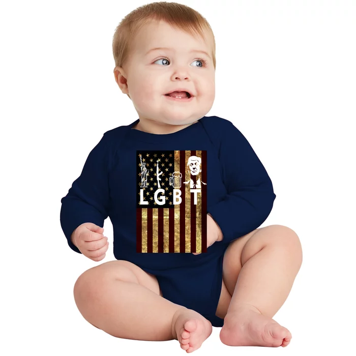 Donald Trump LGBT Liberity Guns Beer Trump USA Flag Baby Long Sleeve Bodysuit