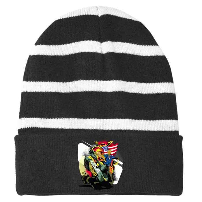 Donald Trump Riding Army Tank Striped Beanie with Solid Band