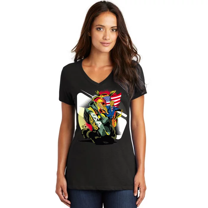 Donald Trump Riding Army Tank Women's V-Neck T-Shirt