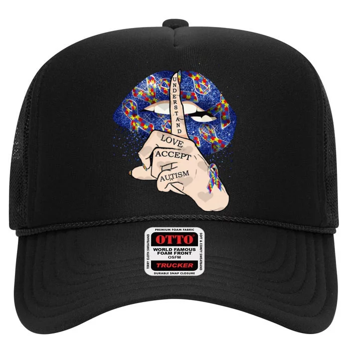 Don't Judge What You Don't Understand Autism Awareness Lip High Crown Mesh Trucker Hat