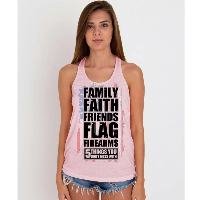 Don't Mess With Family Faith Friends Flag Firearms Women's Knotted Racerback Tank