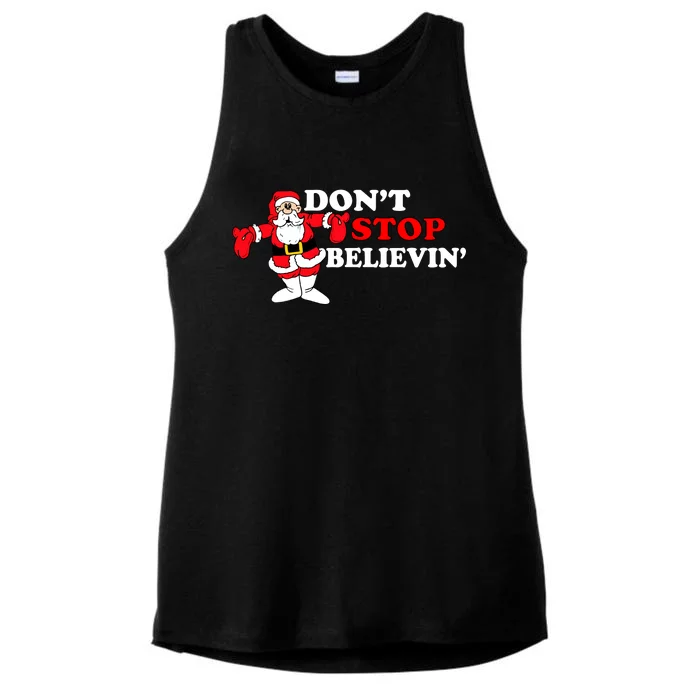 Don't Stop Believin Santa Ladies Tri-Blend Wicking Tank