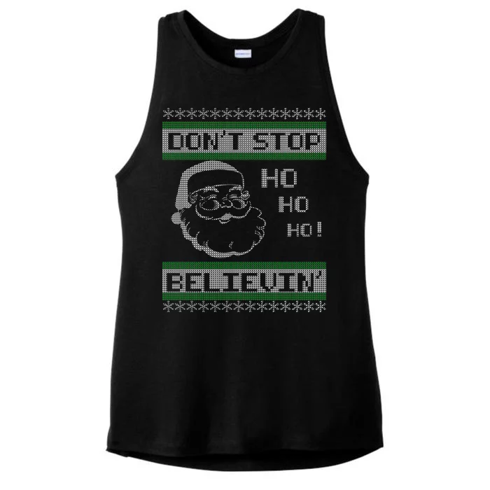 Don't Stop Believin Santa Ho Ugly Christmas Ladies Tri-Blend Wicking Tank