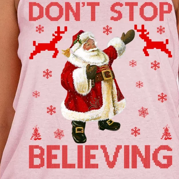 Don't Stop Believing Christmas Ugly Sweater Design Women's Knotted Racerback Tank