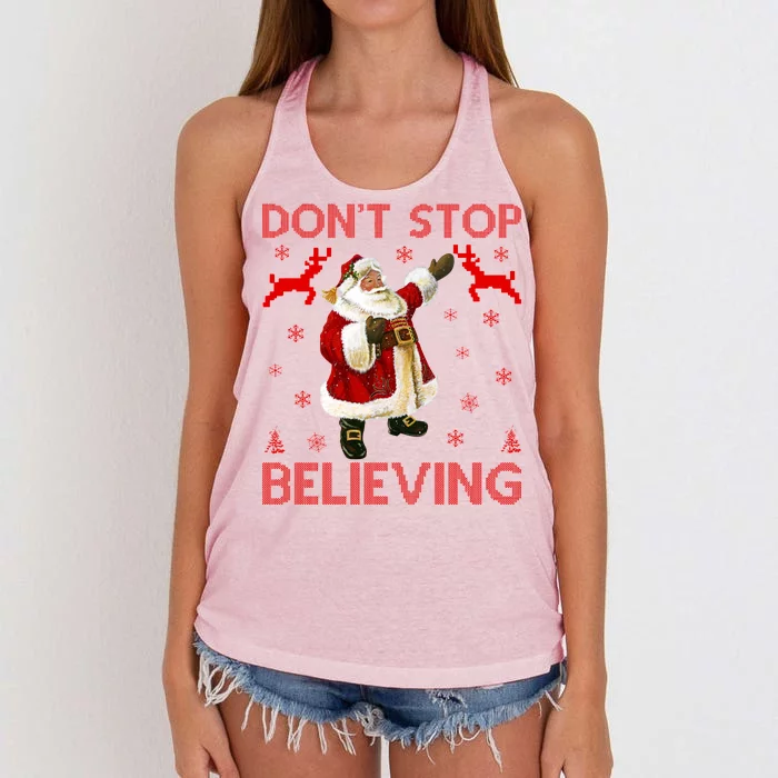 Don't Stop Believing Christmas Ugly Sweater Design Women's Knotted Racerback Tank