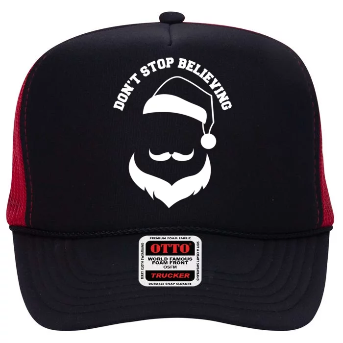 Don't Stop Believing Santa Face High Crown Mesh Trucker Hat