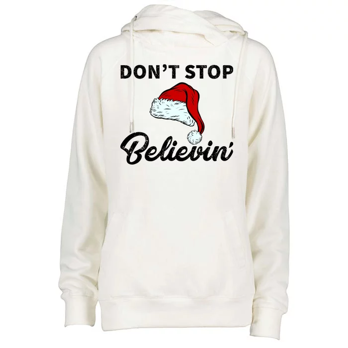 Don't Stop Believing Santa Hat Womens Funnel Neck Pullover Hood