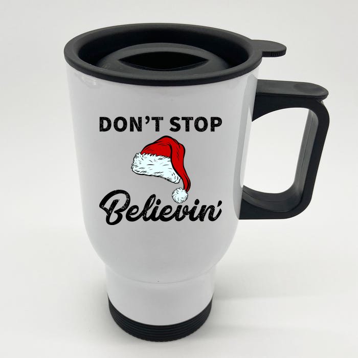 Don't Stop Believing Santa Hat Front & Back Stainless Steel Travel Mug