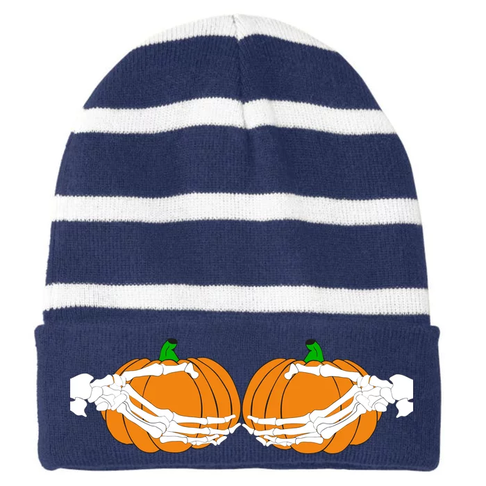 Don't Touch My Pumpkins Skeleton Hands Striped Beanie with Solid Band