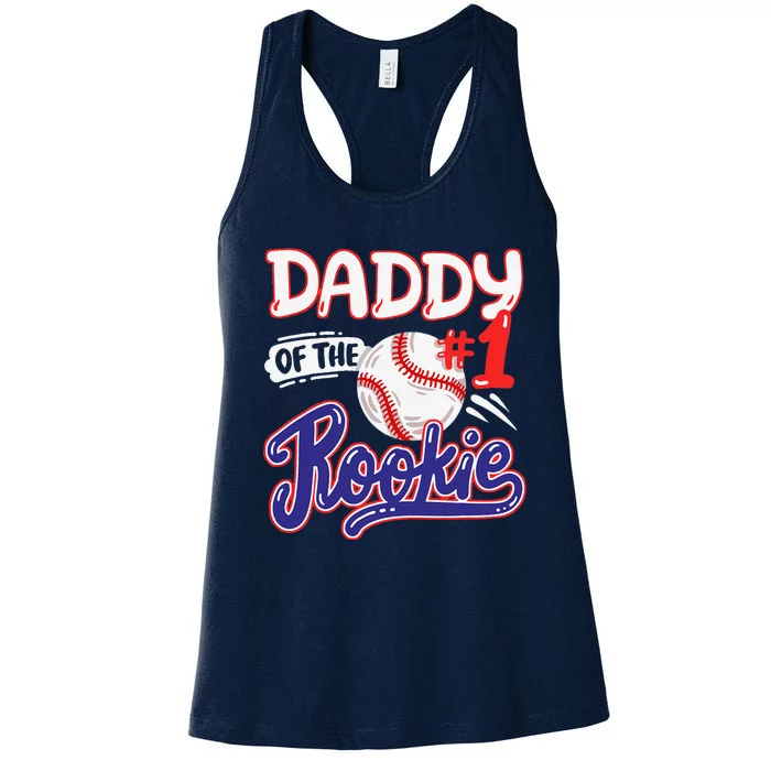 Daddy Of Rookie 1st Baseball Birthday Party Theme Matching Women's Racerback Tank