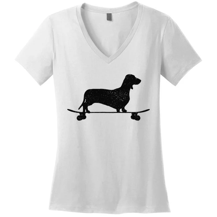 Dachshund On Skateboard Funny Wiener Dog Doxie Skater Gift Women's V-Neck T-Shirt