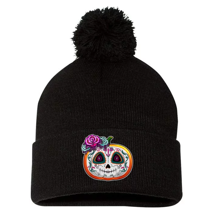 Day Of The Dead Pumpkin Dia De Los Muertos Skull Gift Pom Pom 12in Knit Beanie