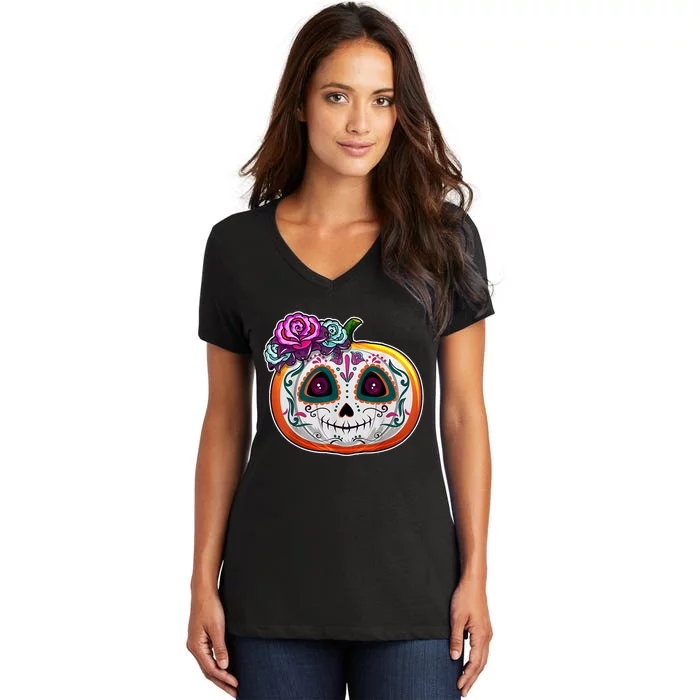 Day Of The Dead Pumpkin Dia De Los Muertos Skull Gift Women's V-Neck T-Shirt