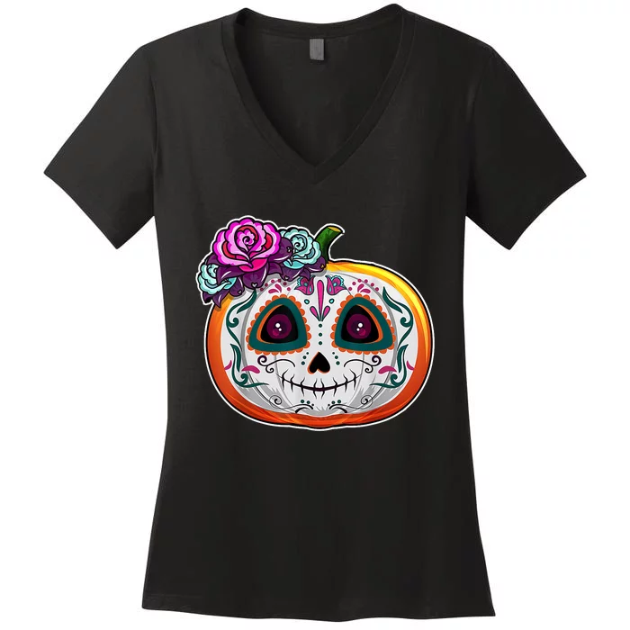 Day Of The Dead Pumpkin Dia De Los Muertos Skull Gift Women's V-Neck T-Shirt