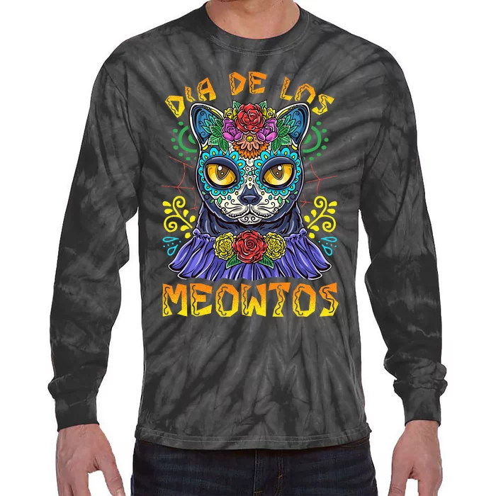 Day Of The Dead Dia De Los Muertos Cat Sugar Skull Tie-Dye Long Sleeve Shirt