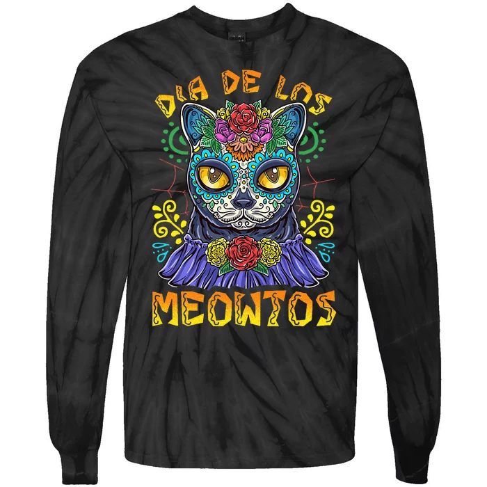 Day Of The Dead Dia De Los Muertos Cat Sugar Skull Tie-Dye Long Sleeve Shirt