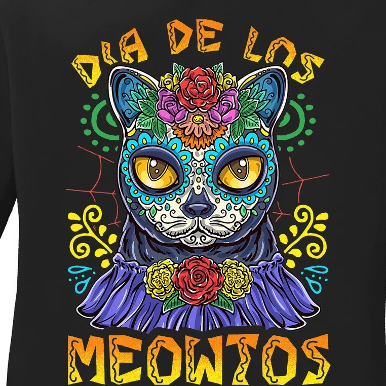 Day Of The Dead Dia De Los Muertos Cat Sugar Skull Ladies Long Sleeve Shirt