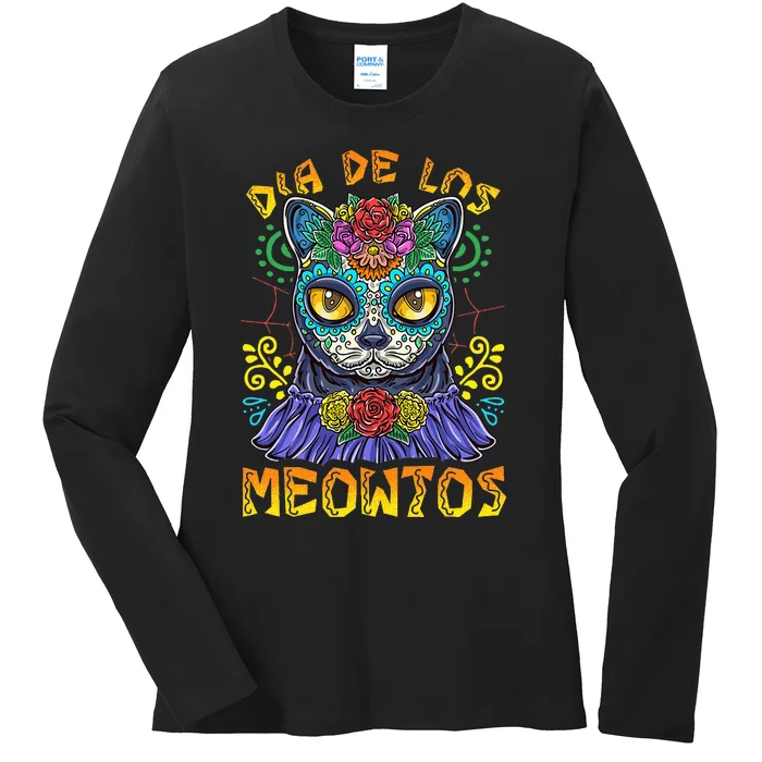 Day Of The Dead Dia De Los Muertos Cat Sugar Skull Ladies Long Sleeve Shirt