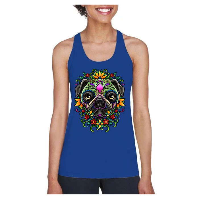 Day Of The Dead Pug Detailed Colorful Illustration Cool Gift Women's Racerback Tank