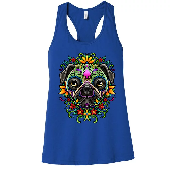 Day Of The Dead Pug Detailed Colorful Illustration Cool Gift Women's Racerback Tank