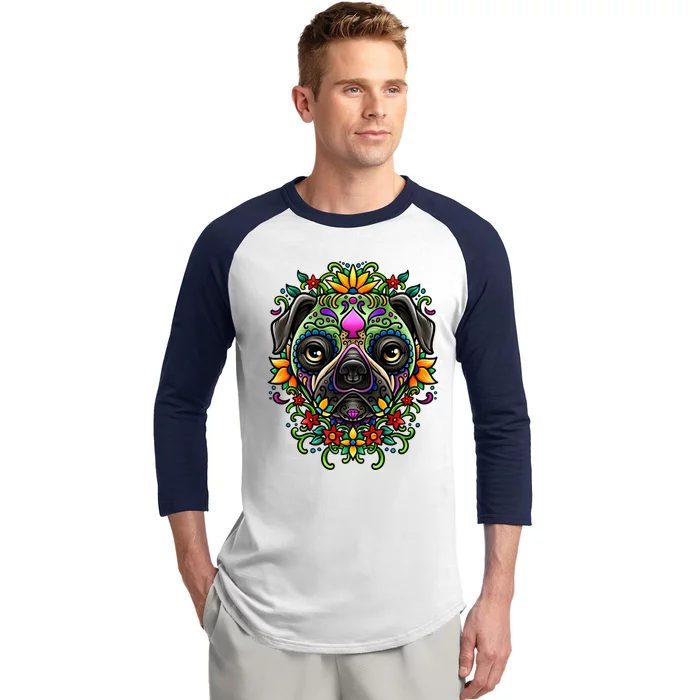 Day Of The Dead Pug Detailed Colorful Illustration Cool Gift Baseball Sleeve Shirt