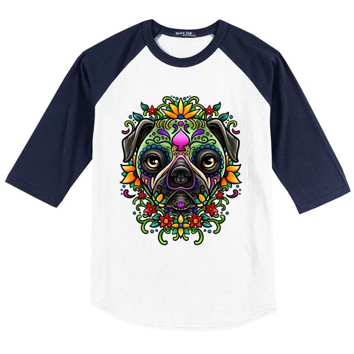 Day Of The Dead Pug Detailed Colorful Illustration Cool Gift Baseball Sleeve Shirt