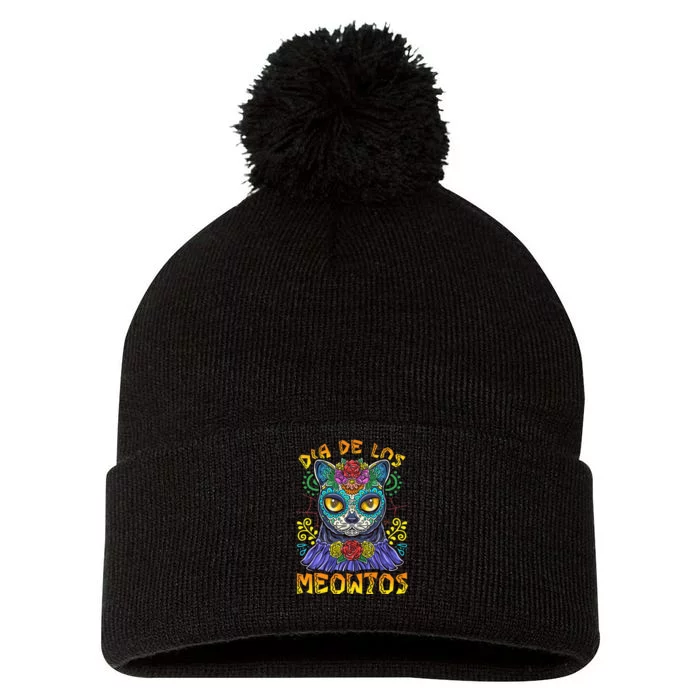 Day Of The Dead Dia De Los Muertos Cat Sugar Skull Pom Pom 12in Knit Beanie