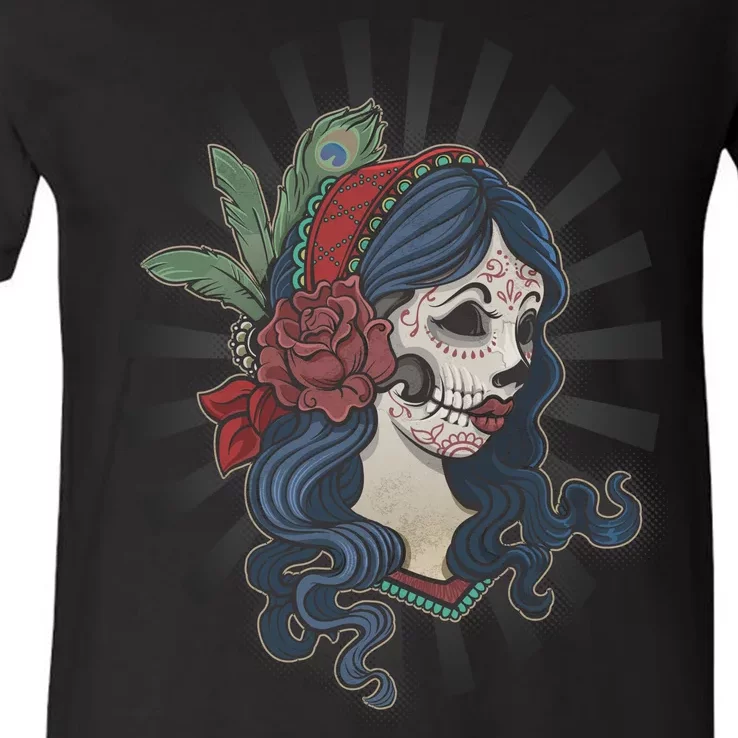 Day Of The Dead Girl With Flower Graphic V-Neck T-Shirt