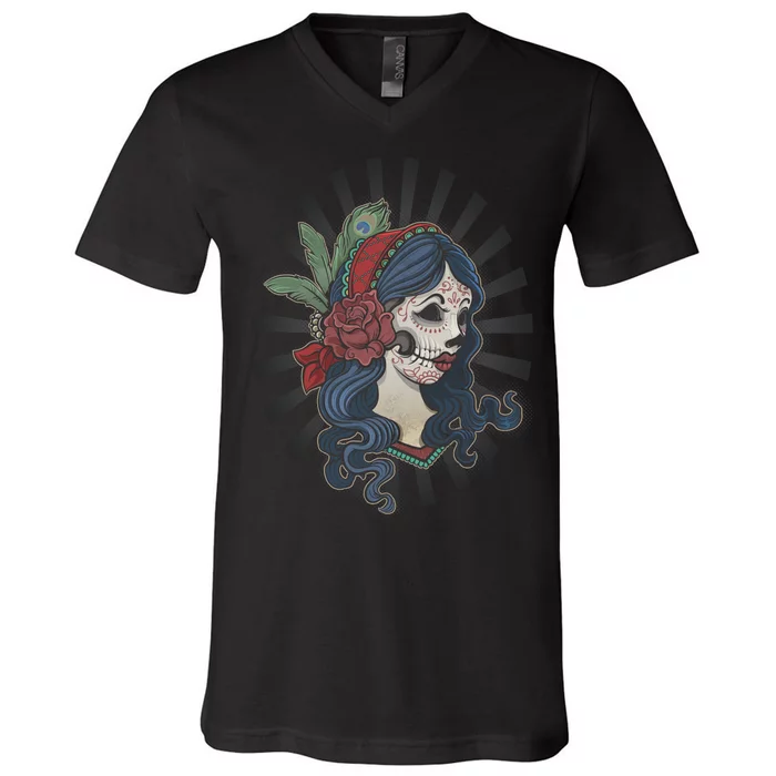 Day Of The Dead Girl With Flower Graphic V-Neck T-Shirt