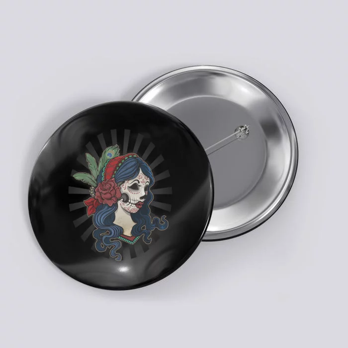 Day Of The Dead Girl With Flower Graphic Button