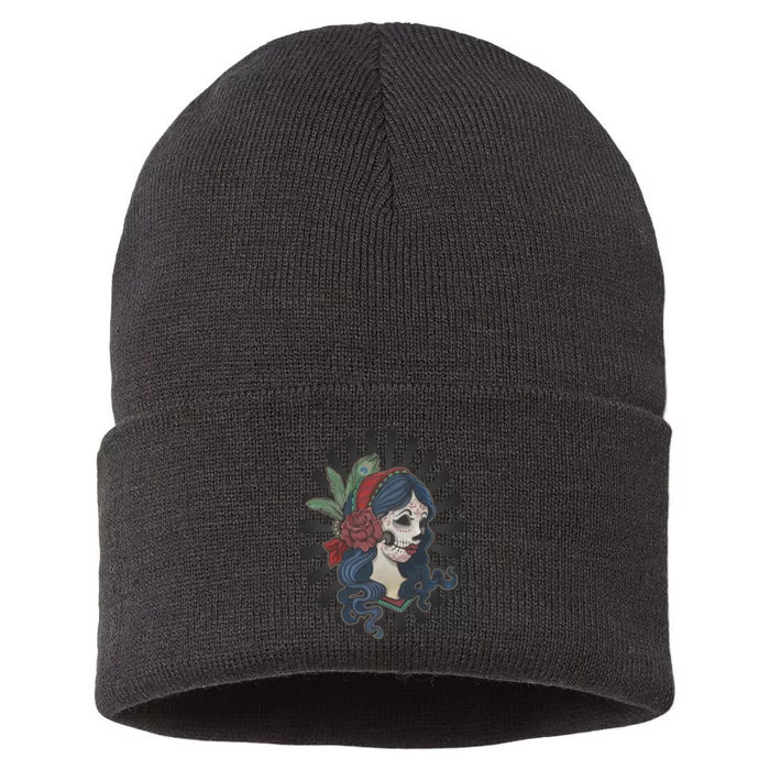 Day Of The Dead Girl With Flower Graphic Sustainable Knit Beanie