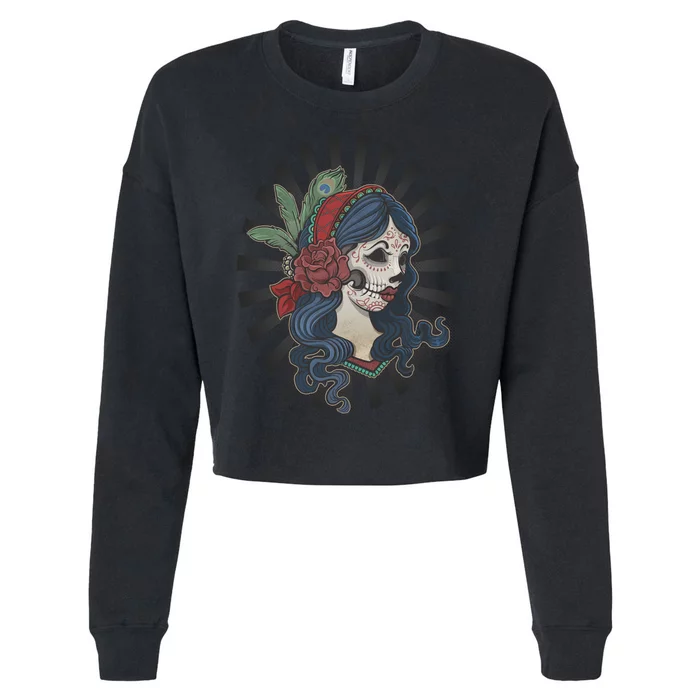 Day Of The Dead Girl With Flower Graphic Cropped Pullover Crew