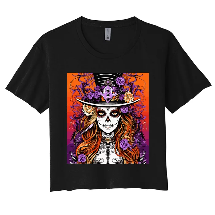 Day of the Dead Sugar Skull Beautiful lady Halloween Women's Crop Top Tee